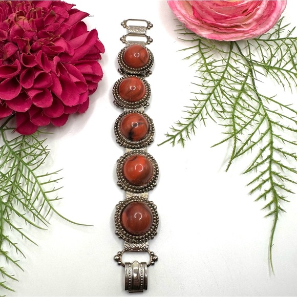 ANTIQUE⚜️Marbled Acrylic Cabochon Ornate Link Bracelet - Picture 3 of 8